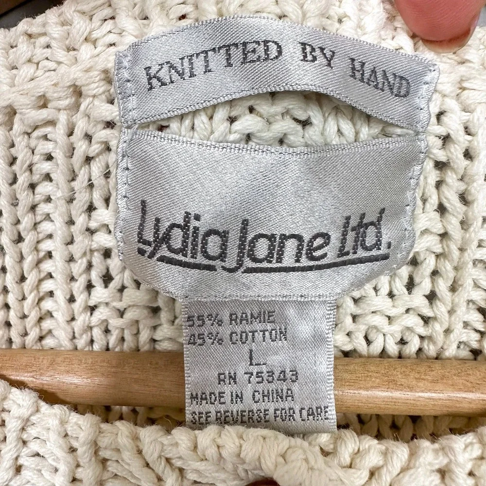 Vintage Lydia Jane Sweater Womens L Cream Hand Knitted Cable Henley Ramie Cotton - Picture 2 of 13